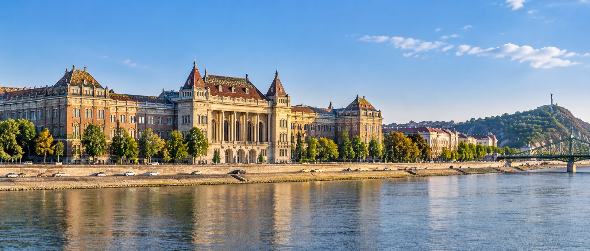 Illustrative panoramic view of the Budapest University of Technology and Economics area beside the Danube